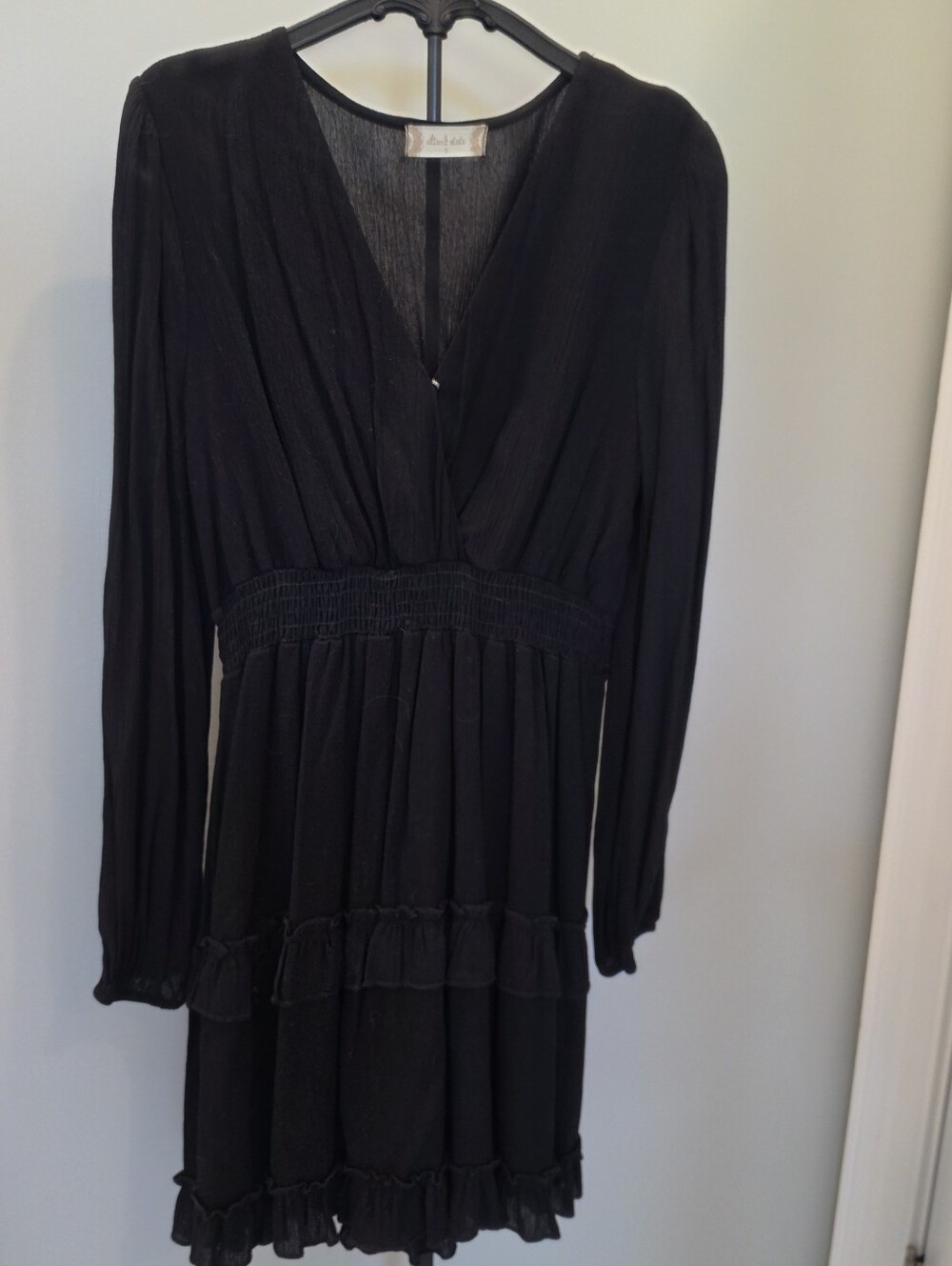 Altar'd State Black Ruffle Tiered Mini Dress Long Sleeve Smocked V-Neck Boho